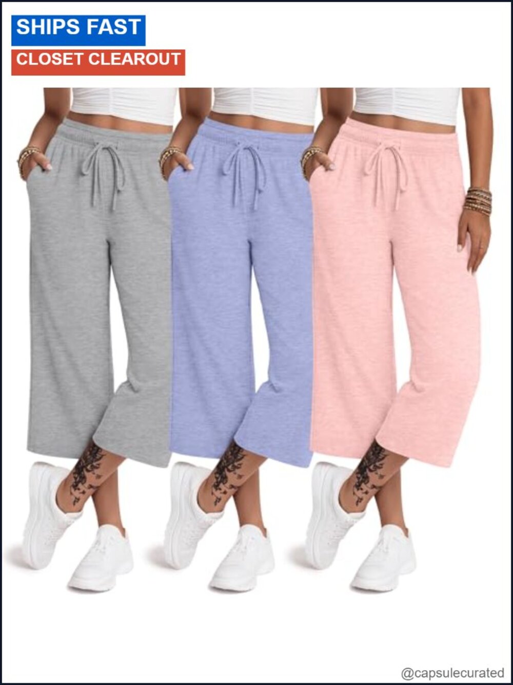Wide Leg High Waisted Capri Yoga Pants 3 Pack Womens Sweatpants Cotton Stretch